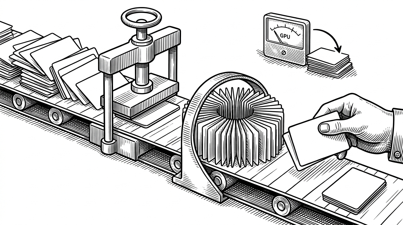 A dense stack of duplicate training cards moves through a small sequence of mechanical stations that remove repeats, group similar samples, and keep only the most representative cards. A shrinking meter in the background shows that less data means less GPU demand later. The image explains how ASFT saves compute by improving the input set before training starts.