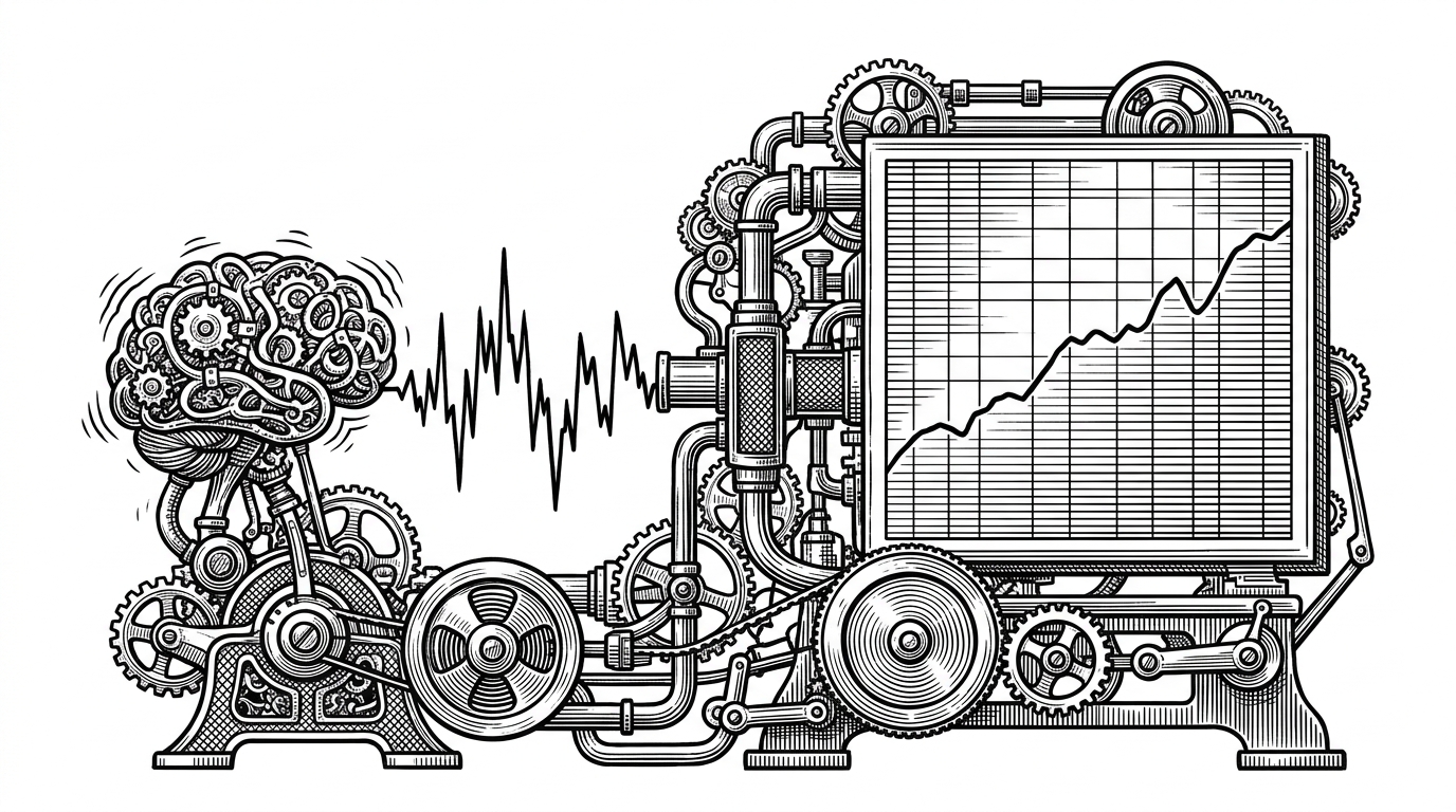 A stock chart rendered like a mechanical assembly, where a neural engine emits a jagged signal that passes through a blending valve before becoming a smoother line on the chart. The image explains that the app does not present the model output raw, but shapes it into a more readable forecast.