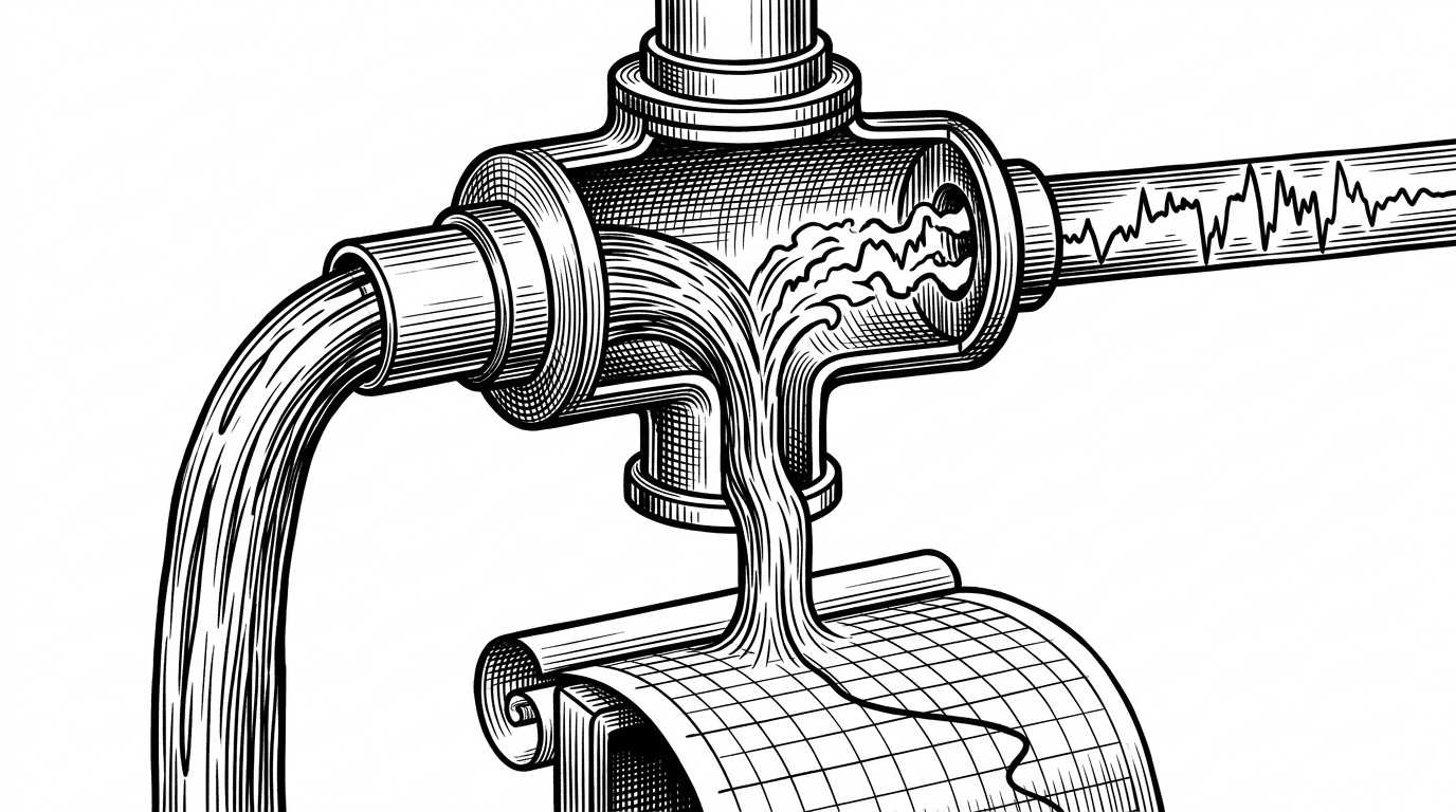 A close-up mechanical mixing chamber that takes one input from the previous close and one from the raw LSTM output, then releases a steadier forecast line through a narrow channel. The image explains the exact heuristic that makes the app’s output look more stable than the model alone would produce.