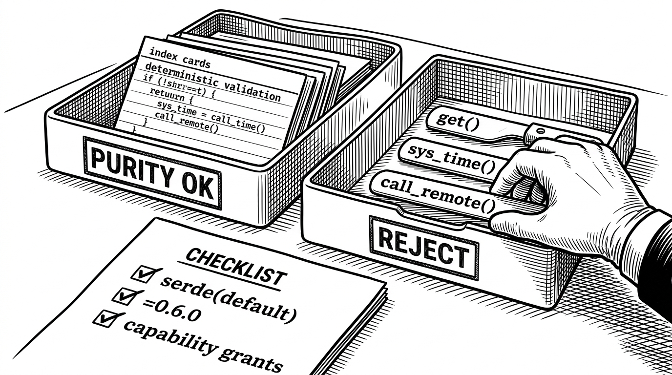 A close-up inspection desk with two trays. One tray is stamped purity approved and holds deterministic validation notes. The other is stamped reject and contains network calls and time lookups being pushed aside. A checklist beside them shows version pins, serde defaults, and capability grants being checked off, explaining how the repo filters unsafe Holochain choices.