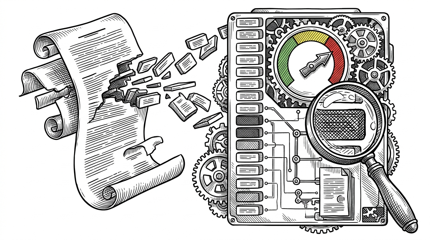 A legal contract is being broken into smaller clause fragments that feed a dashboard with risk indicators and an evidence trail. The scene explains that the project does not just summarize text. It turns a document into structured review artifacts that can be inspected and scored.