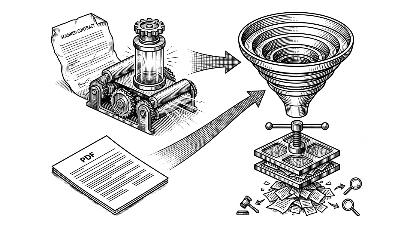 A scanned contract page and a clean digital PDF both feed into the same analysis pipeline. The scanned page first passes through OCR, while the digital PDF bypasses OCR and moves directly into text normalization. The visual explains that the system is designed to handle real-world file quality, not just pristine documents.
