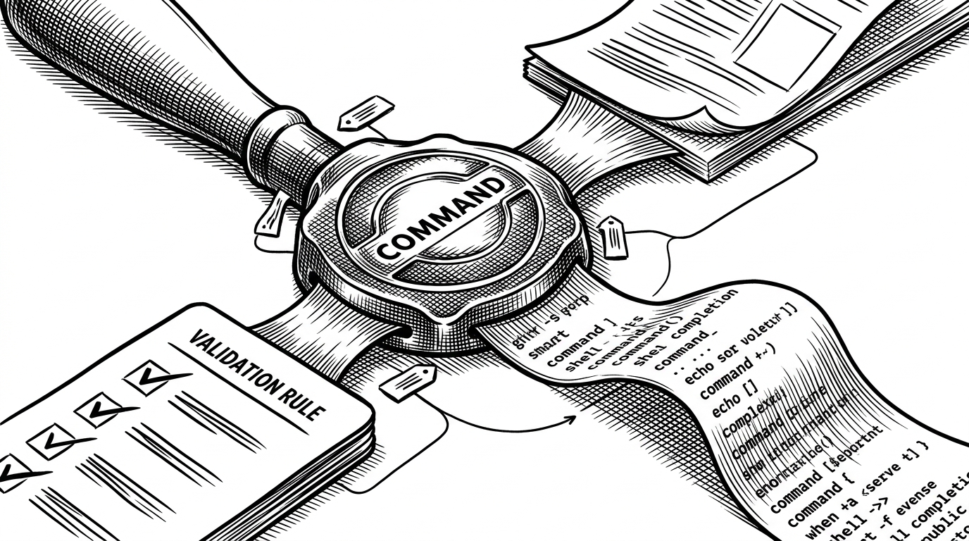 A close-up command node stamped with small metadata tags feeds three different outputs: a documentation page, a shell completion script, and a validation card. The image explains that one source of truth can drive multiple user-facing systems.