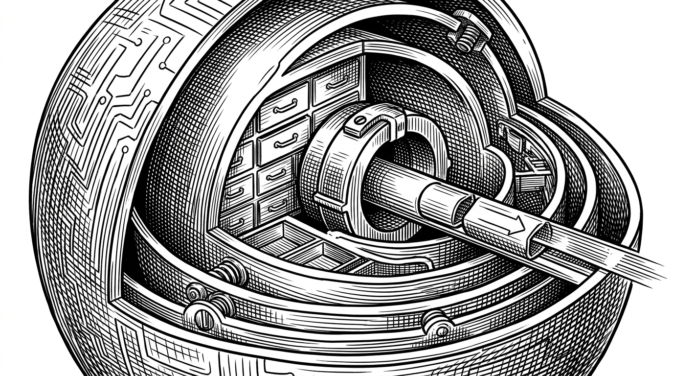 A close-up cross-section of layered mechanical rings, like an onion cut into precision-engineered shells. Each layer is labeled by function in the visual form of etched gears and valves that inspect, modify, or pass a request through the center.
