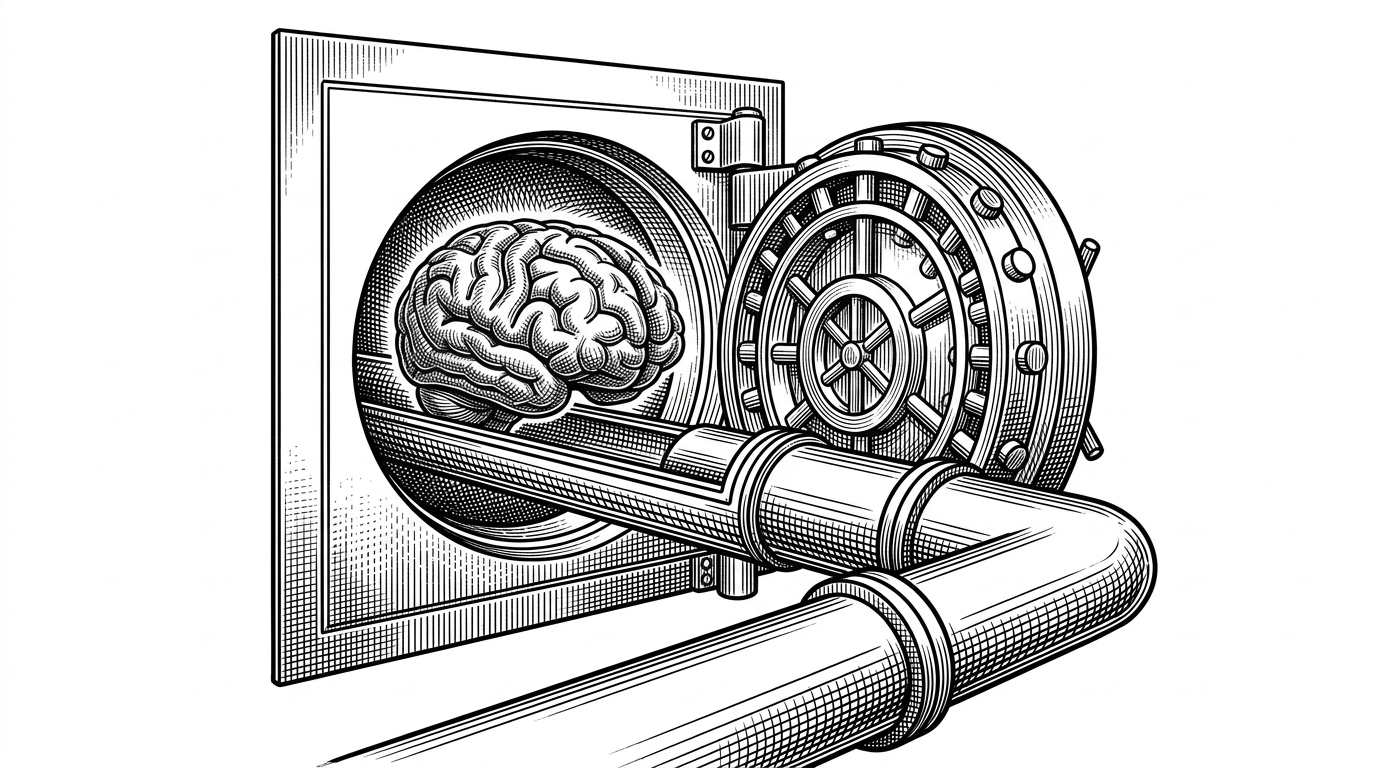 A high-security vault door that, when opened, reveals a glowing, intricate 'Brain' (the prompt) being fed into a clean, mechanical pipeline. This illustrates the concept of a secure, governed environment for AI prompts.