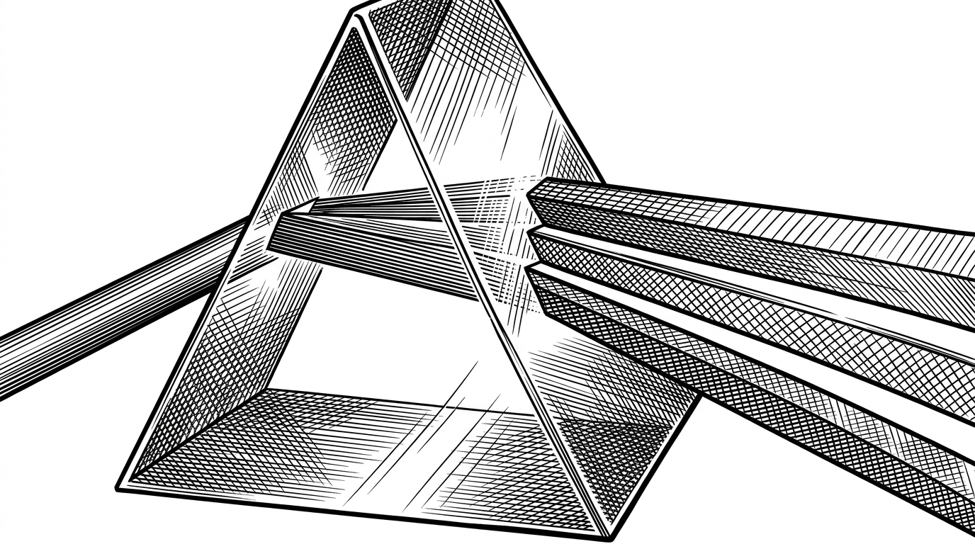A close-up of a transparent glass prism. A single beam of light enters and is split into four distinct, labeled bands: Constraints, Objective, Task, and Verification. This illustrates the concept of splitting a monolithic prompt into focused layers.