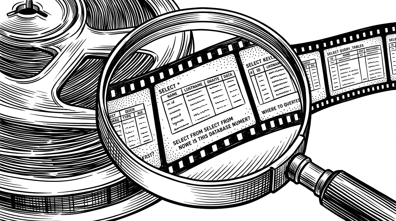 A magnifying glass inspecting a film strip that contains database tables instead of pictures, illustrating the concept of querying raw video data.