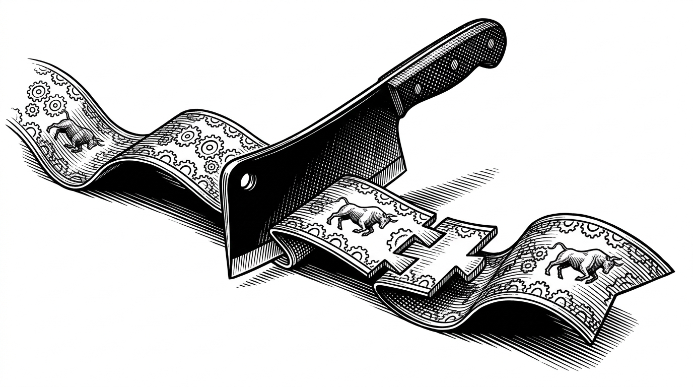 A butcher's cleaver chopping a flowing ribbon into pieces that have interlocking dovetail joints, representing overlapping video chunks.