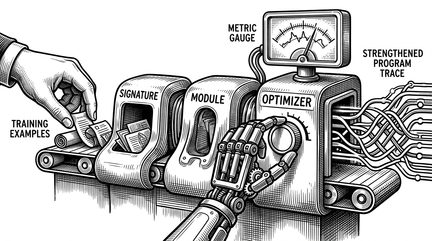 A close-up assembly line shows three stations in sequence: signature, module, and optimizer. Training examples enter from the left, a metric gauge hovers above the final station, and a reinforced program trace exits on the right. It explains how DSPy turns examples and scores into a better prompt program.