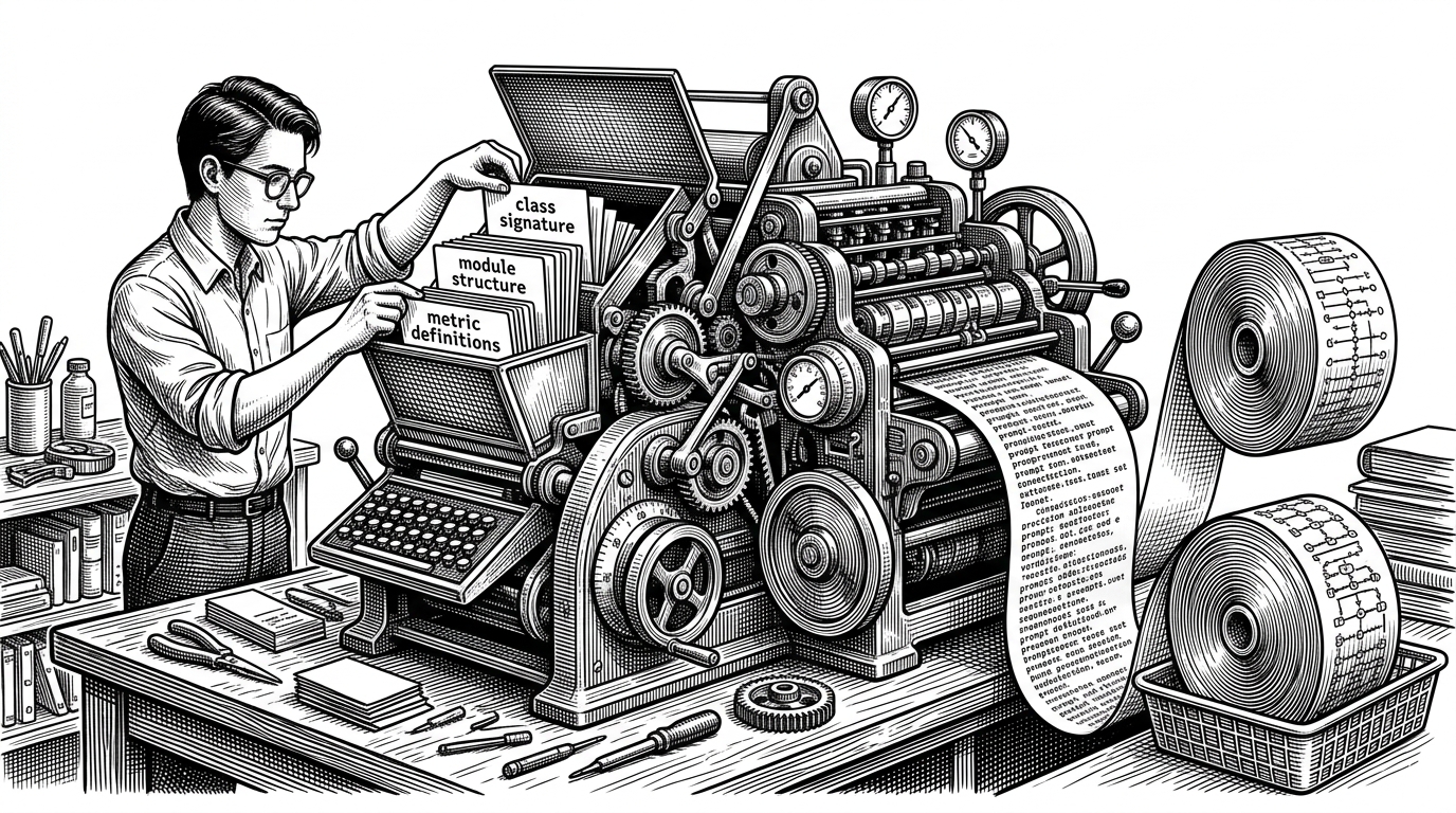 A developer feeds a clean stack of program cards into a precision printing press, and the machine outputs a refined prompt scroll on the other side. The scene explains DSPy’s core claim: the unit of work is not a hand-tuned string, but a program that can be compiled into one.
