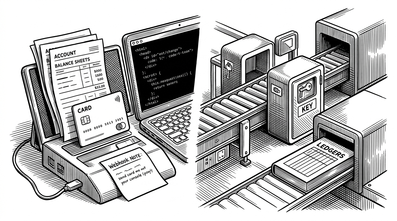 A wide split-screen scene contrasts a developer-facing account console on the left with a more industrial payment infrastructure on the right. It explains that the two API surfaces serve different users and trust models.