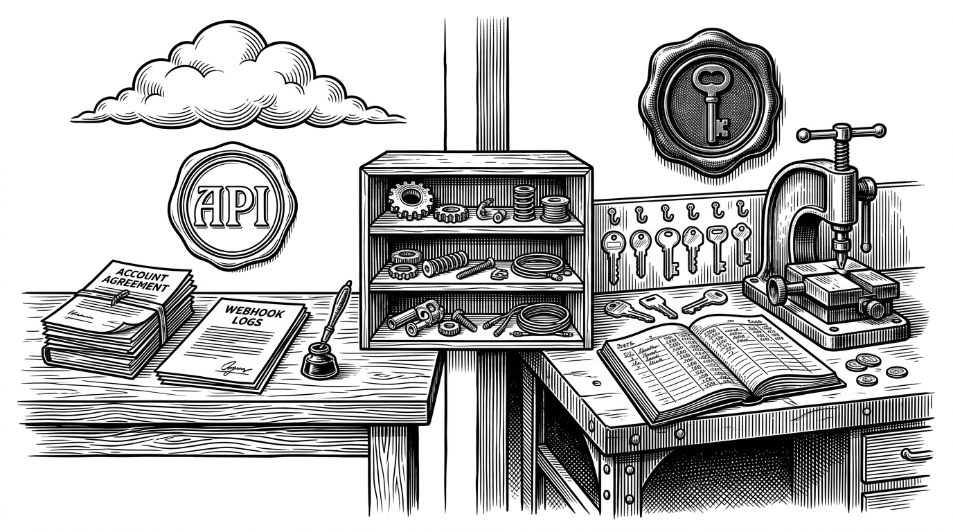 A split workshop scene shows public API examples on one bench, payment services flows on another, and a shared tools shelf in the middle. It explains that the repository is organized by banking task, not by language or framework.