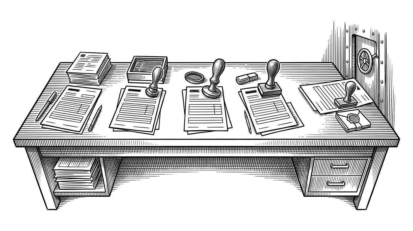 A wide black-ink scene shows several hands at different language workbenches stamping the same bank request form before it passes through a vault door. It explains that the repo's real job is deterministic signing, not generic sample code.