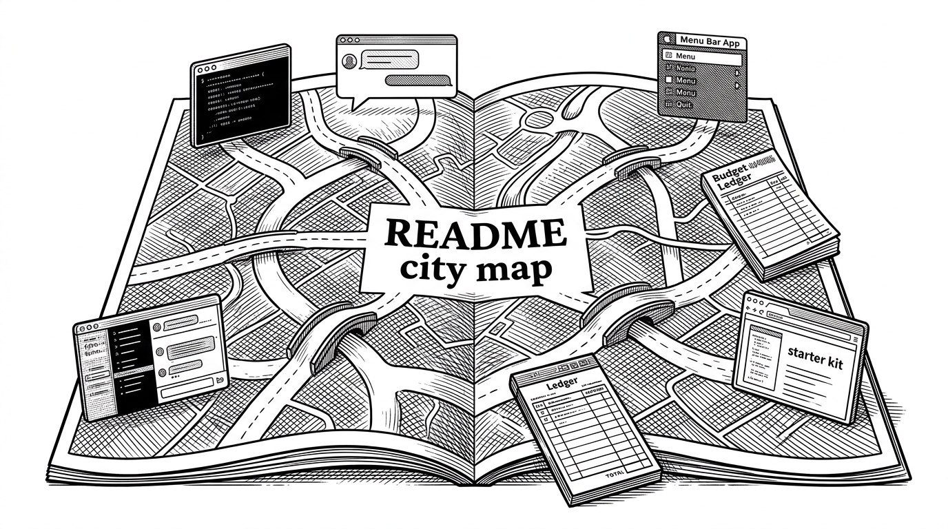 An open document lies on a white desk like a city map, with roads branching outward toward a terminal screen, a chat bubble, a menu bar icon, and a budgeting ledger. It explains that the repository functions as a platform directory, not a software package.