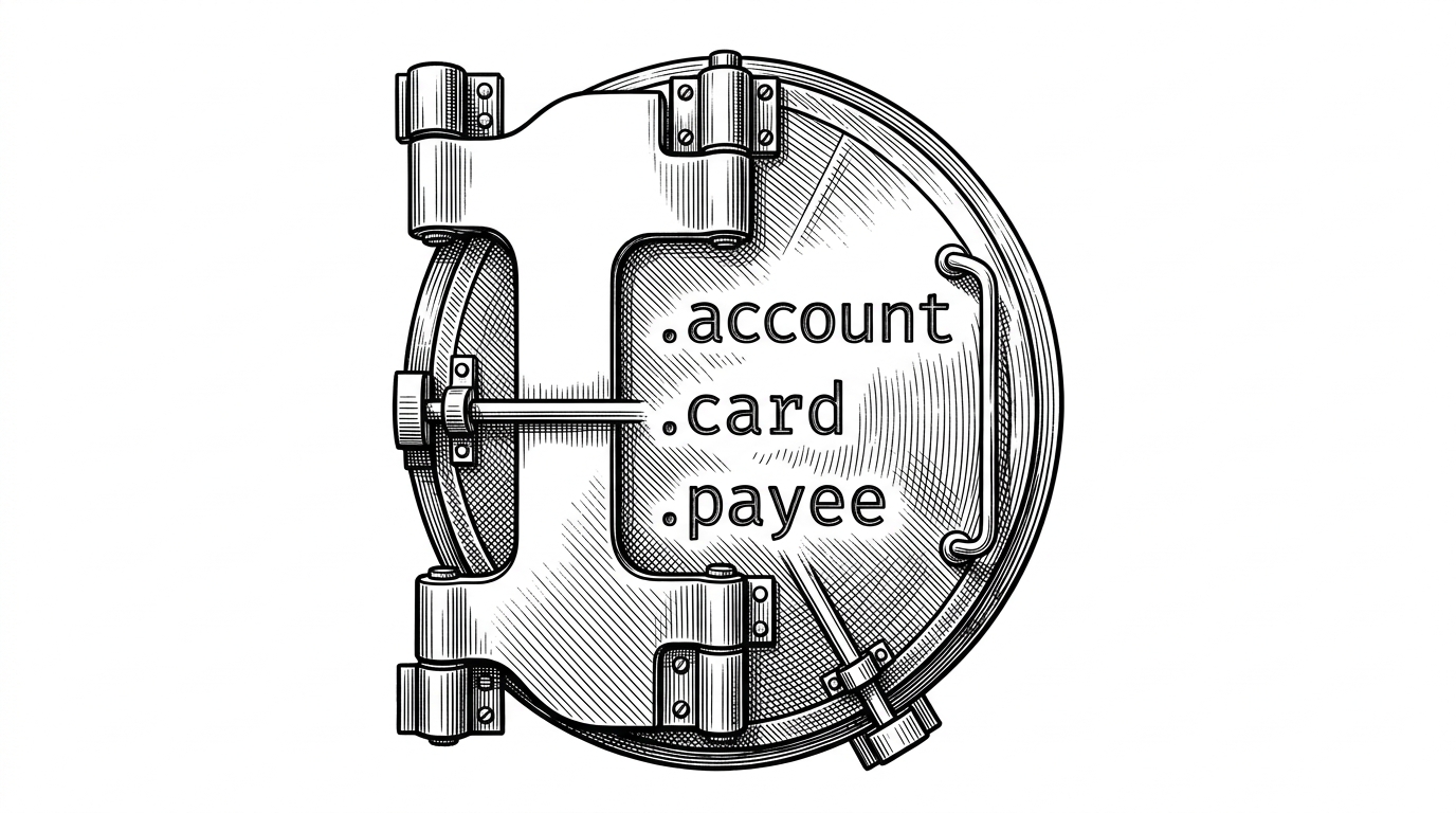 A traditional bank vault door with glowing JavaScript dot-notation paths etched into the steel instead of a physical dial. This visualizes the namespaced architecture of the SDK.