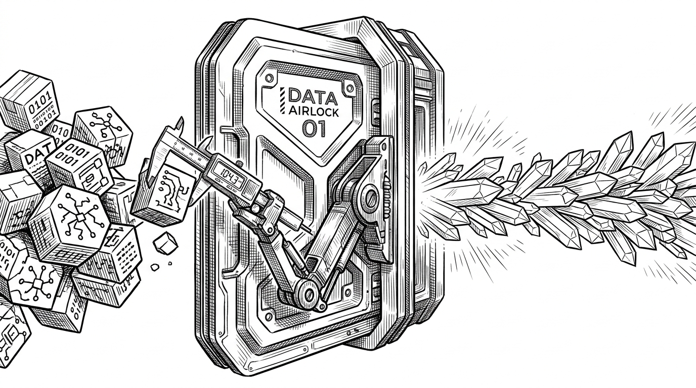 A high-tech laboratory airlock where a mechanical arm measures a glowing data packet with a digital caliper before letting it pass. This represents the strict client-side validation layer of the Starling SDK.