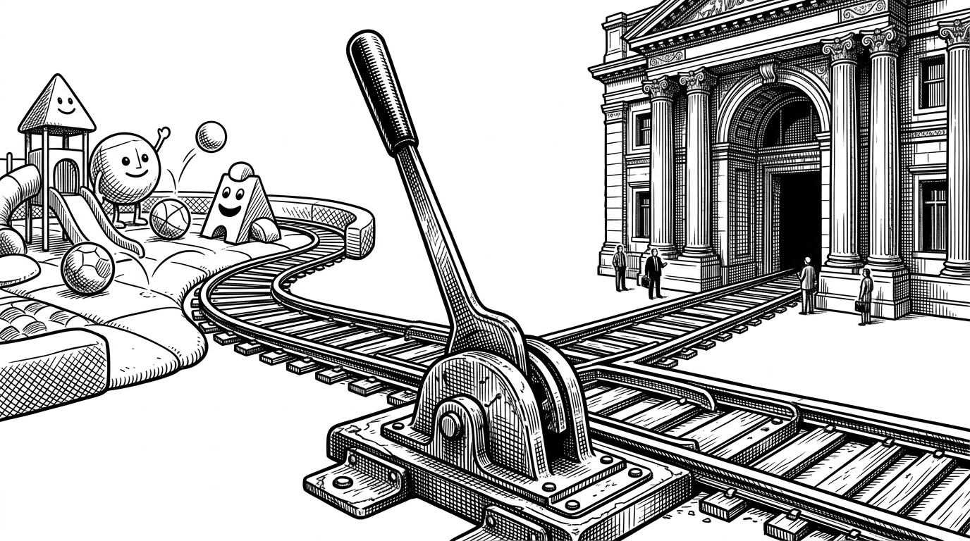 A close-up of a heavy industrial lever switching tracks on a dual railway. One track leads to a padded playground, the other to a stone bank building. This represents the toggle between the sandbox and production environments.