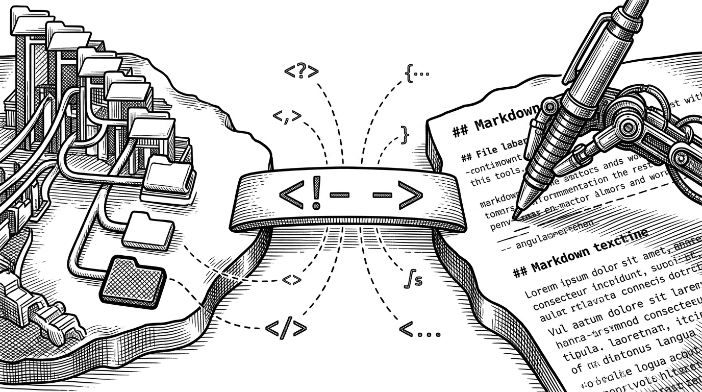 A close-up shows a single comment marker bridging a file tree on one side and a rewritten Markdown section on the other. Several thin lines fan out from the marker to different code symbols, showing that the link is conceptual rather than tied to a single file path.