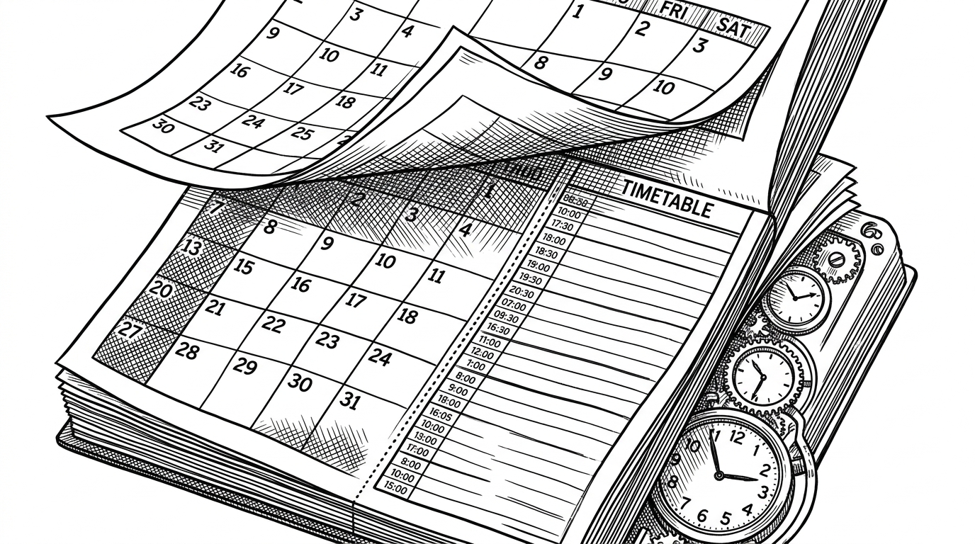 A close-up of a calendar and timetable where the early morning hours are visually attached to the previous day by a thin boundary line. The composition shows that the schedule does not flip at midnight, which is the key rule EasyAPS has to obey.
