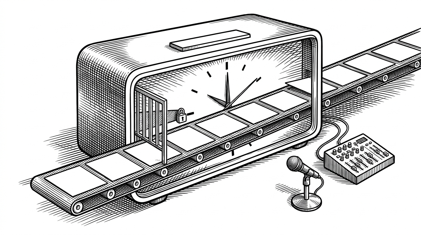A clock face with one pre-dawn segment locked behind a narrow gate while a conveyor of program cards keeps moving past midnight. A microphone and mixer sit beside the belt as a live override path. It explains that EasyAPS treats radio time as a broadcast day, not a calendar day.