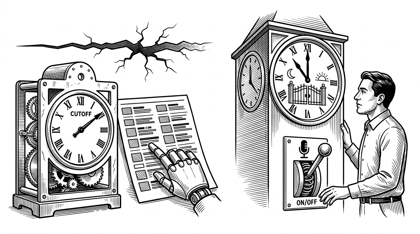 A split scene with a rigid timer and static script on one side, and a broadcast-aware operator on the other. The contrast shows the difference between a generic job runner and a tool that understands studio handoff and late-night schedule logic.