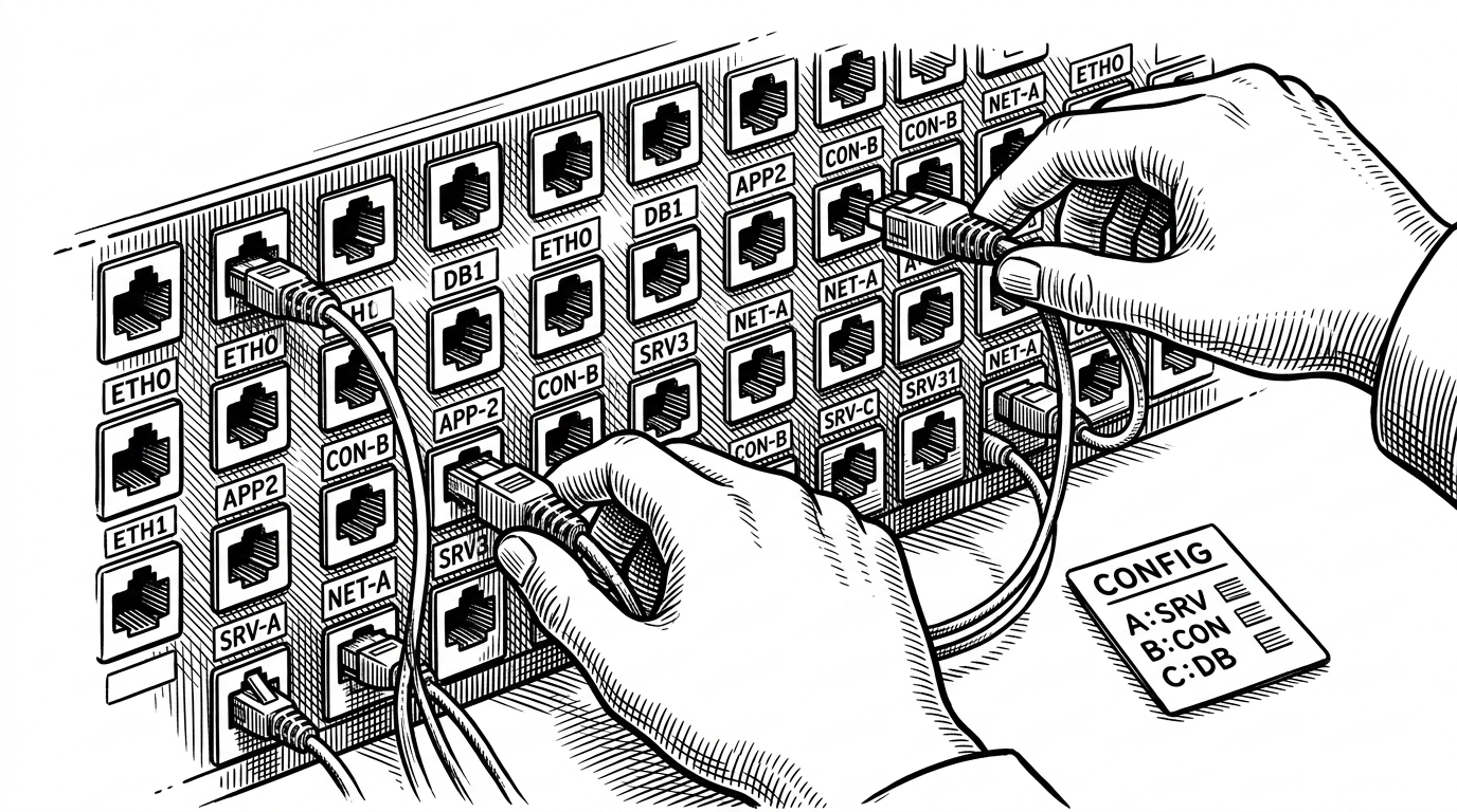 A dense patch bay of ports and cables, with connections being rearranged by a hand-drawn routing logic. A small configuration card sits off to the side, showing that device names are external to the scheduler. It explains why audio plumbing is a first-class part of EasyAPS.