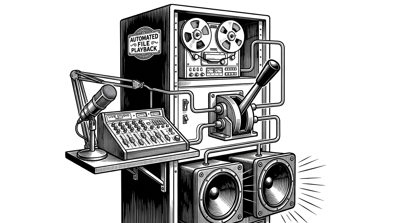 A broadcast rack with two paths, one from a file player and one from a microphone and mixer. A lever flips the signal from automation to live input, showing how EasyAPS hands the station over to Studio Mode without breaking flow.