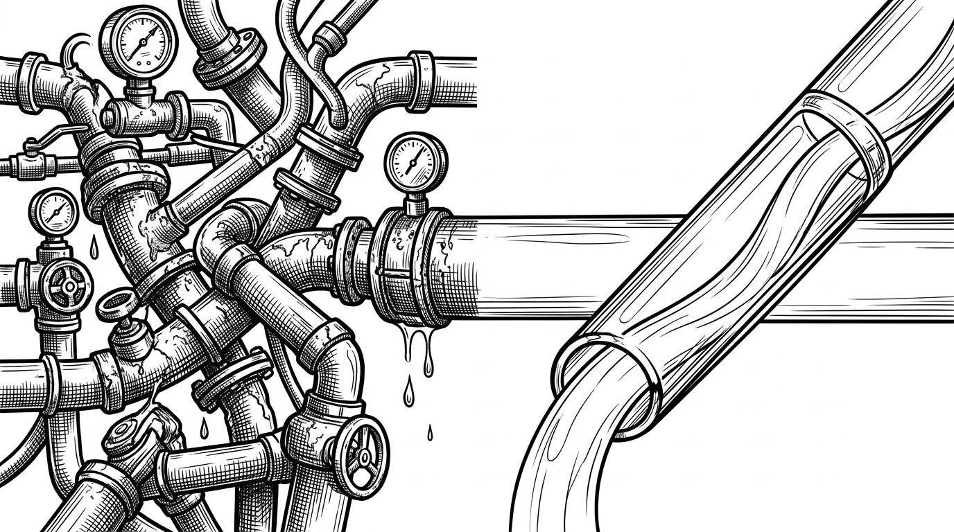 A split composition showing a tangled, leaking web of pipes on the left, and a single, perfectly straight glass tube with smooth flowing water on the right. This contrasts complex media frameworks with raw Python wave buffering.