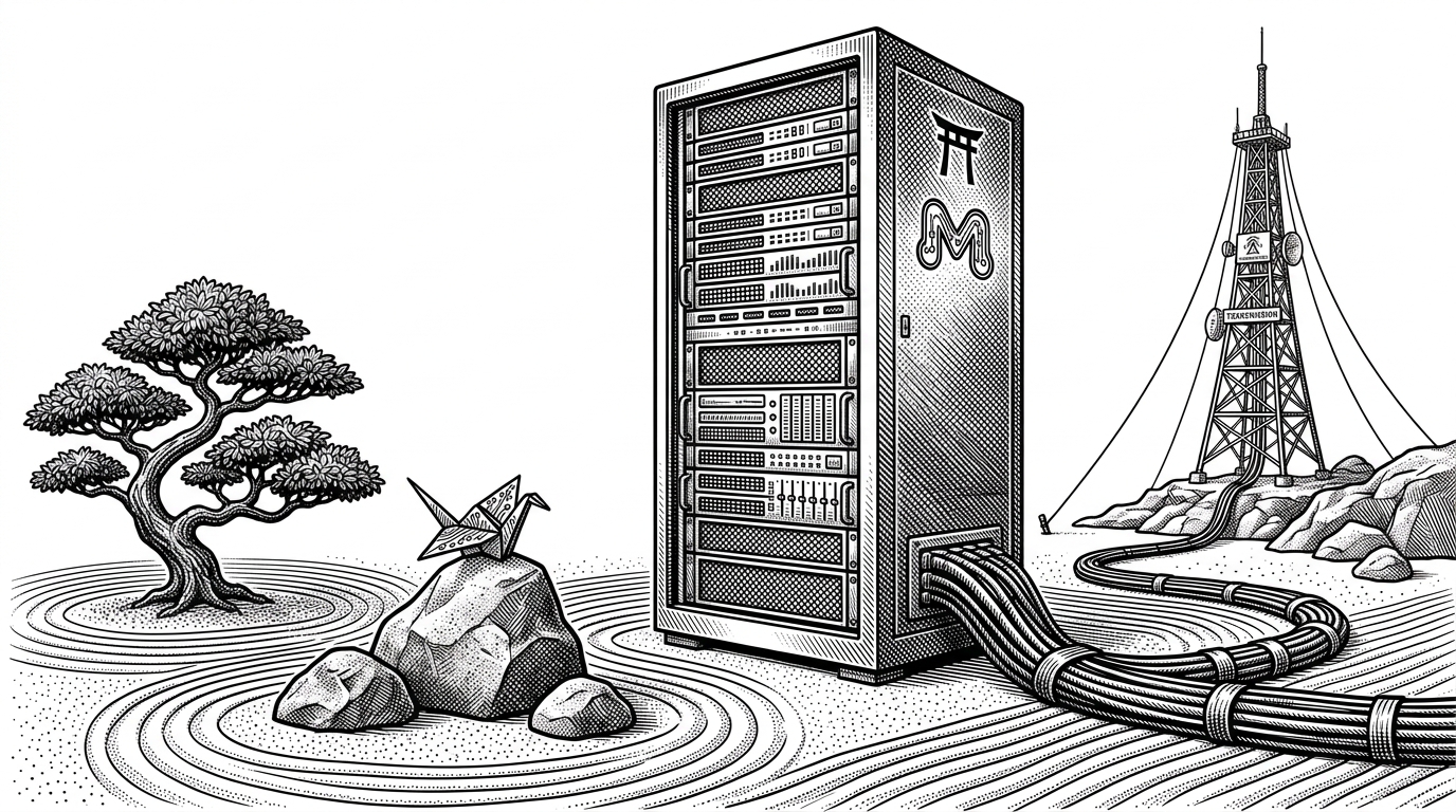 A massive, monolithic server rack sitting isolated in the middle of a perfectly raked traditional Japanese zen garden, connected by a thick cable to a distant radio tower. This illustrates the robust, set-and-forget nature of compliance archival hardware.