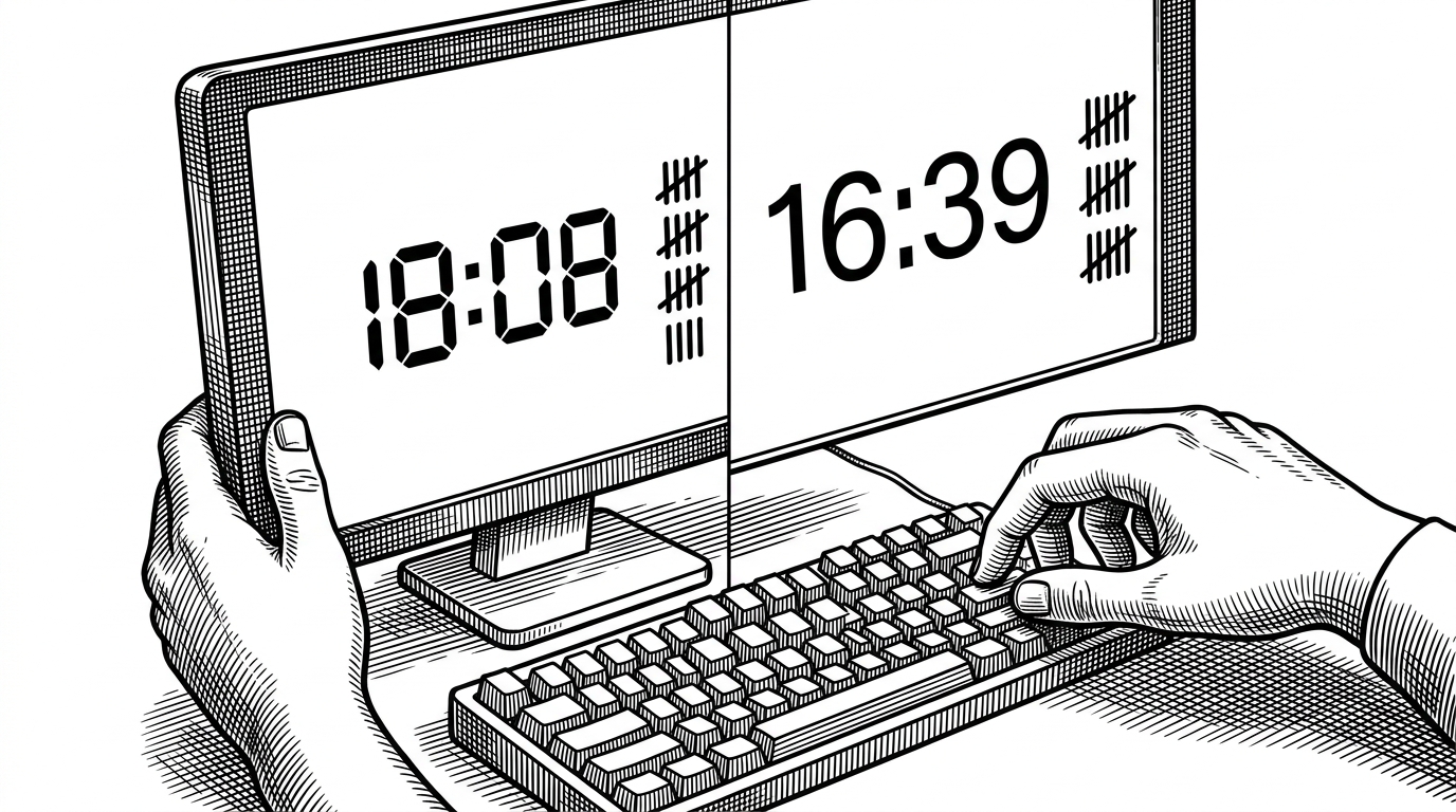 A close-up of an operator changing the clock's display mode on a keyboard while the monitor stays readable in the background. The scene explains that the interface supports quick intervention without losing the broadcast cues that matter most.