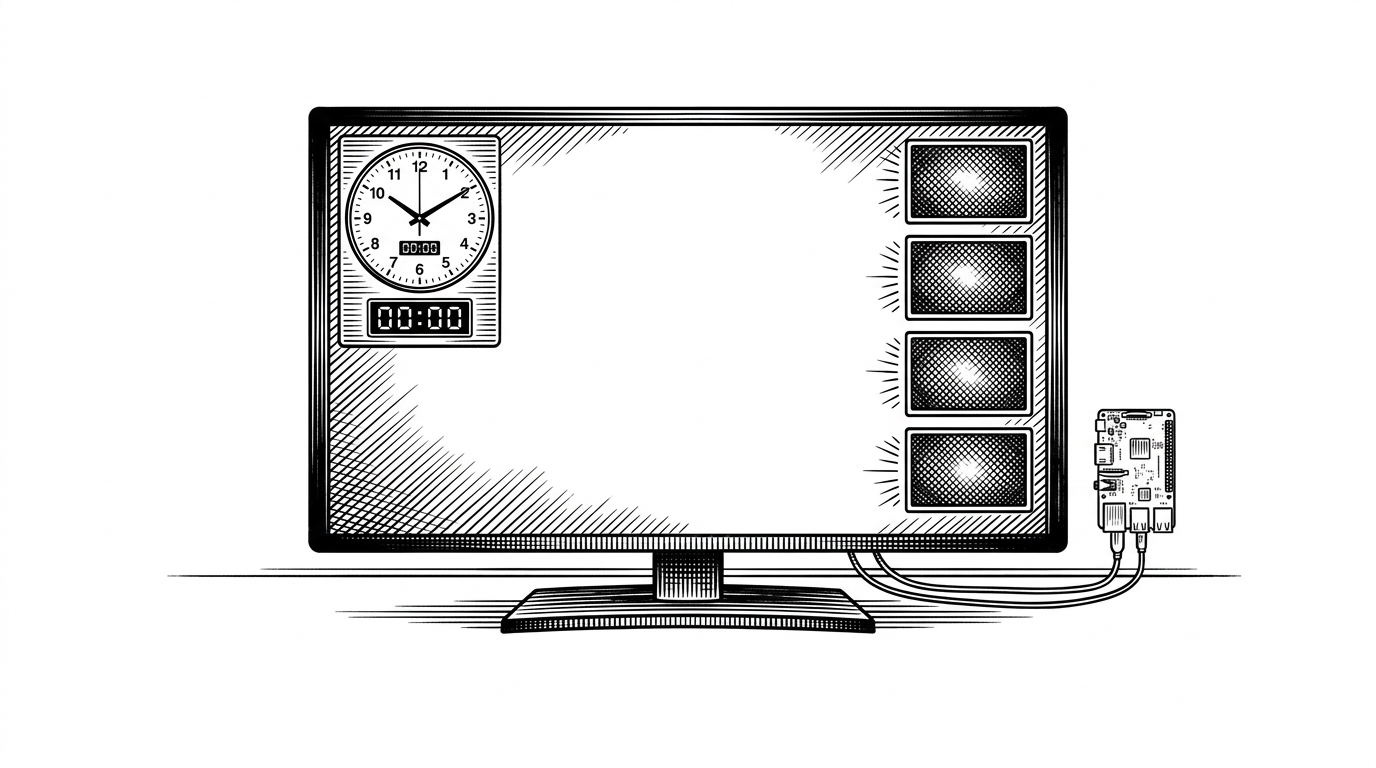 A widescreen studio monitor shows a hybrid clock layout, with time on one side and stacked tally lights on the other. A small Raspberry Pi sits nearby like hidden infrastructure, which explains that the project is designed as a visible appliance, not a general-purpose desktop.