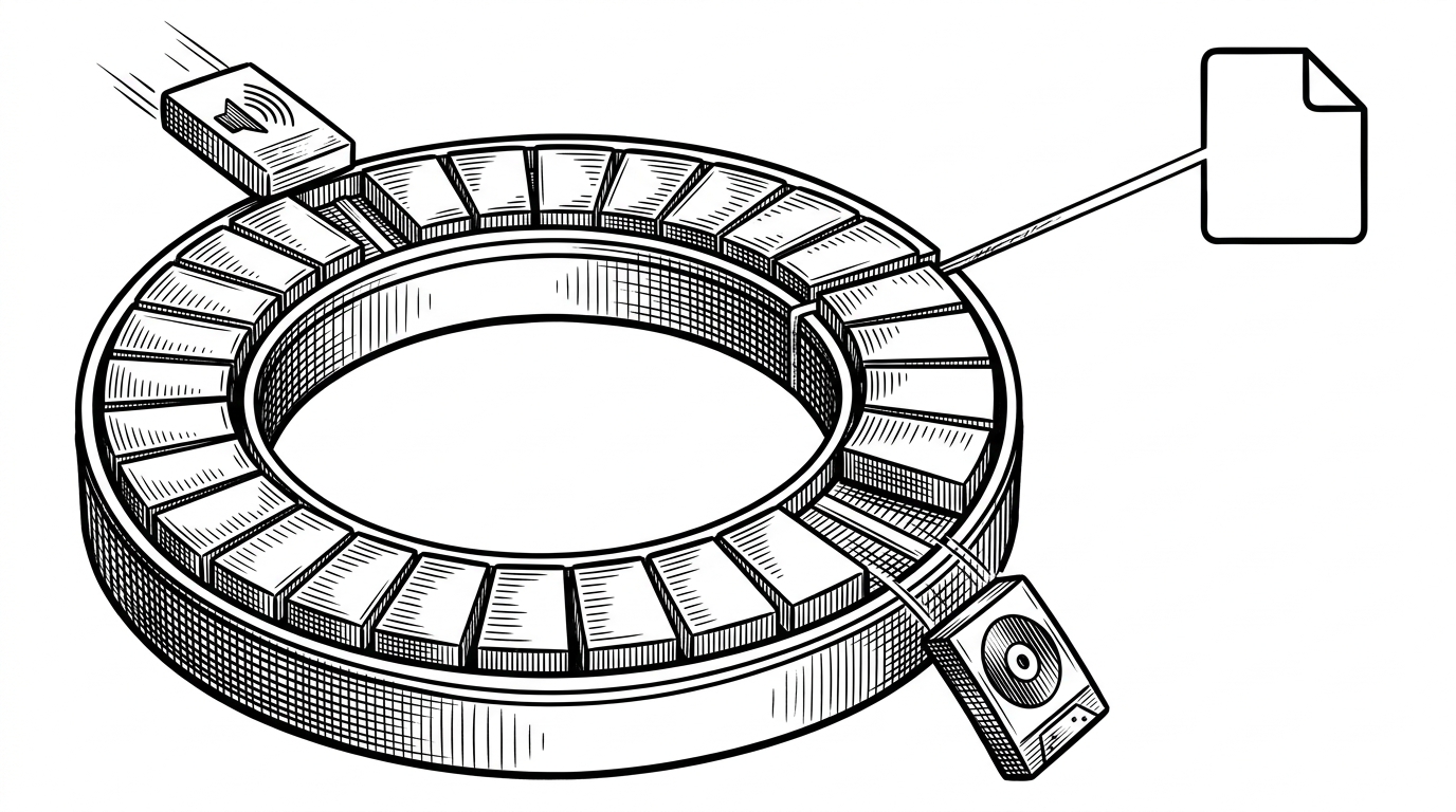 A close-up of a circular chain of audio tiles moving around a ring, with the oldest tile dropping out as a new tile arrives. It shows the buffer as a finite queue, not an unlimited archive.