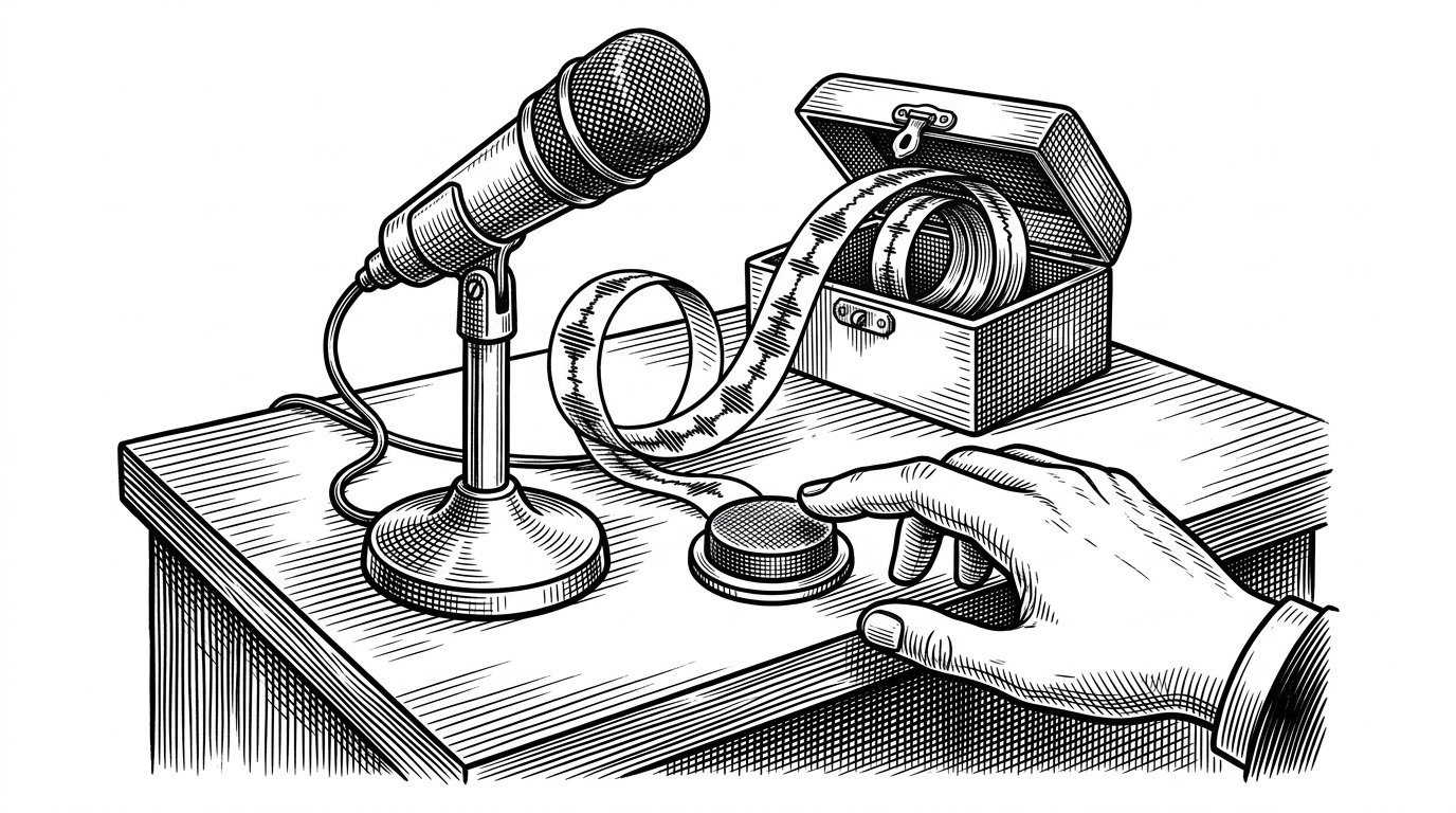 A hand hovers over a record button while a looping ribbon of audio has already passed behind it and into a small storage box. The scene explains the product's core promise: it keeps a short rolling memory so the recording can begin after the moment started.