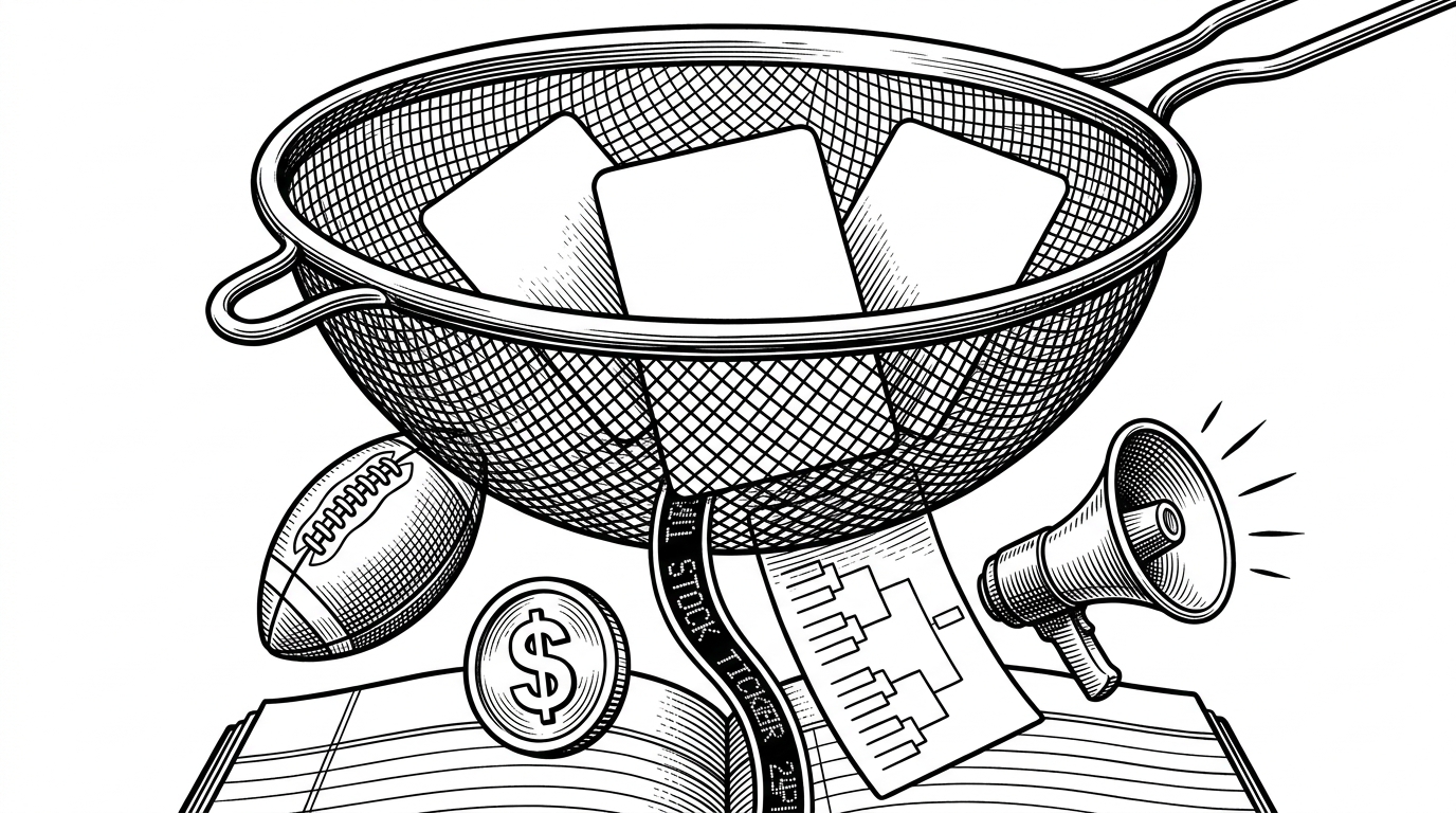 A close-up editorial scene shows a sieve made of fine wire catching market names while obvious noise falls through. Sports balls, crypto tokens, and finance symbols drop away, while a few plain event cards remain on the screen. It explains how the bot turns cultural intuition into a hard selection filter before any trade is considered.