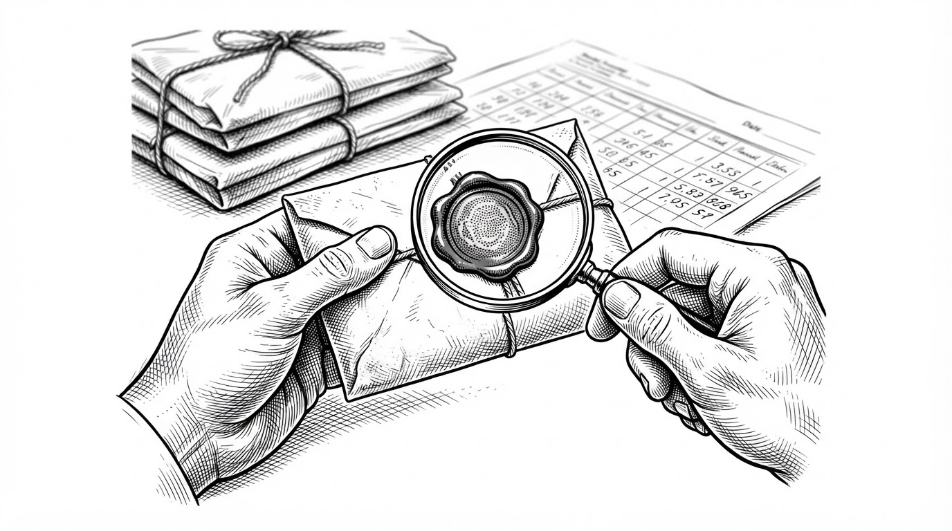 A close-up editorial illustration of two hands, one holding a small sealed package and the other holding a magnifying glass over the wax seal, which shows a faint pattern of dots. Behind, out of focus, sits a stack of packages and a manifest with a column of numbers. The image makes the SHA-256 verification step physical: a seal inspected against a printed record before the package is accepted.