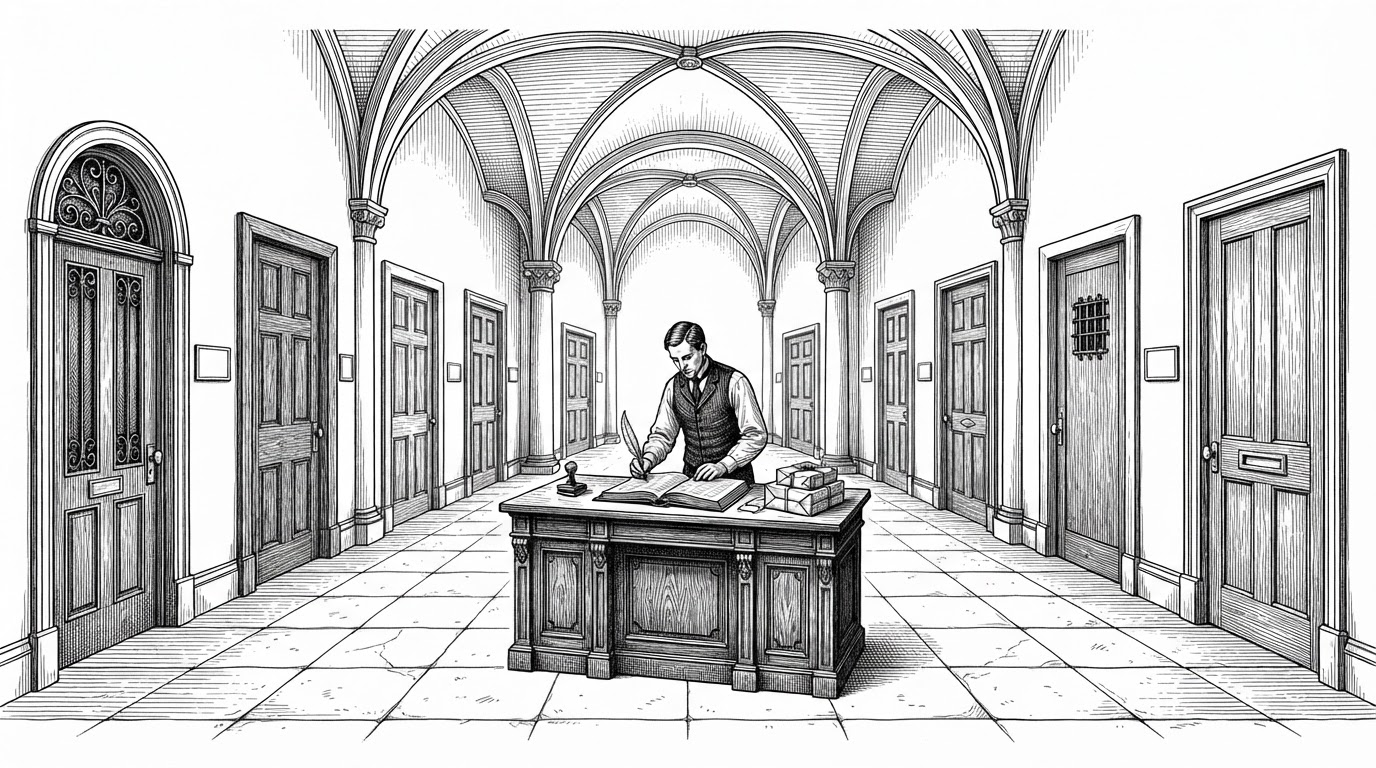 A wide editorial illustration of a grand entrance hall with thirteen distinct doors along the walls and a single concierge desk at the center, where a figure checks a manifest. The scene represents the launcher as a front door for thirteen apps, with the desk standing for the trust layer that verifies and routes every install.