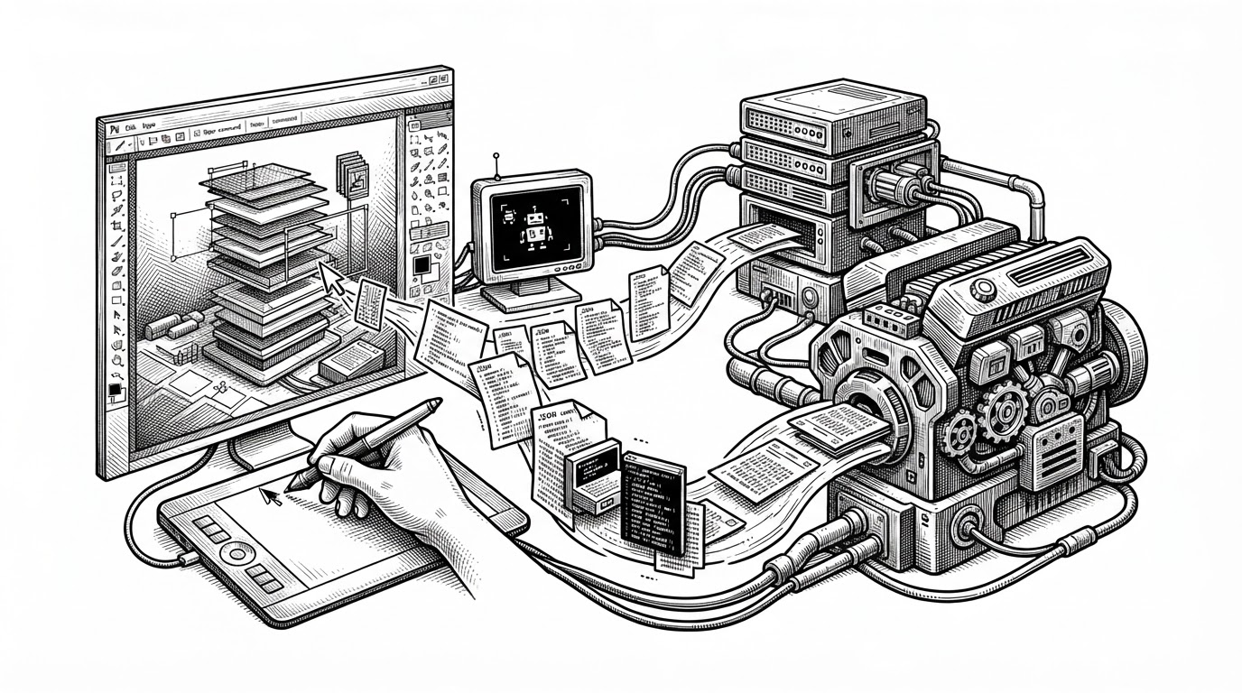 A wide editorial scene of an image editor recast as a control room. One side shows a familiar layer-based canvas and toolbars, while the other side shows JSON command cards flowing through a local server toward an editor engine, with both a human cursor and a small agent terminal feeding the same pipeline. It explains the article's core idea: the UI is only one client of a programmable editing system.