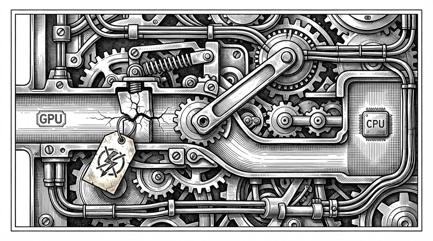 A close-up editorial scene of a safety circuit for graphics startup. One backend route is blocked by a damaged driver gate, a marker file hangs like a warning tag, and a fallback path automatically diverts into a safer rendering route and then to CPU processing. It explains how PhotoCraft treats startup failure as something to route around, not a fatal crash.