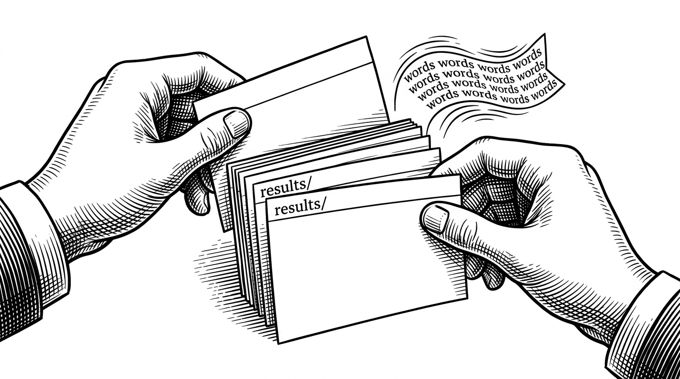 A close-up view of hands swapping clean index cards for slightly altered ones in a results stack. The cards gradually accumulate related words, showing how small edits can thicken a prompt into a semantic field without looking dramatic.