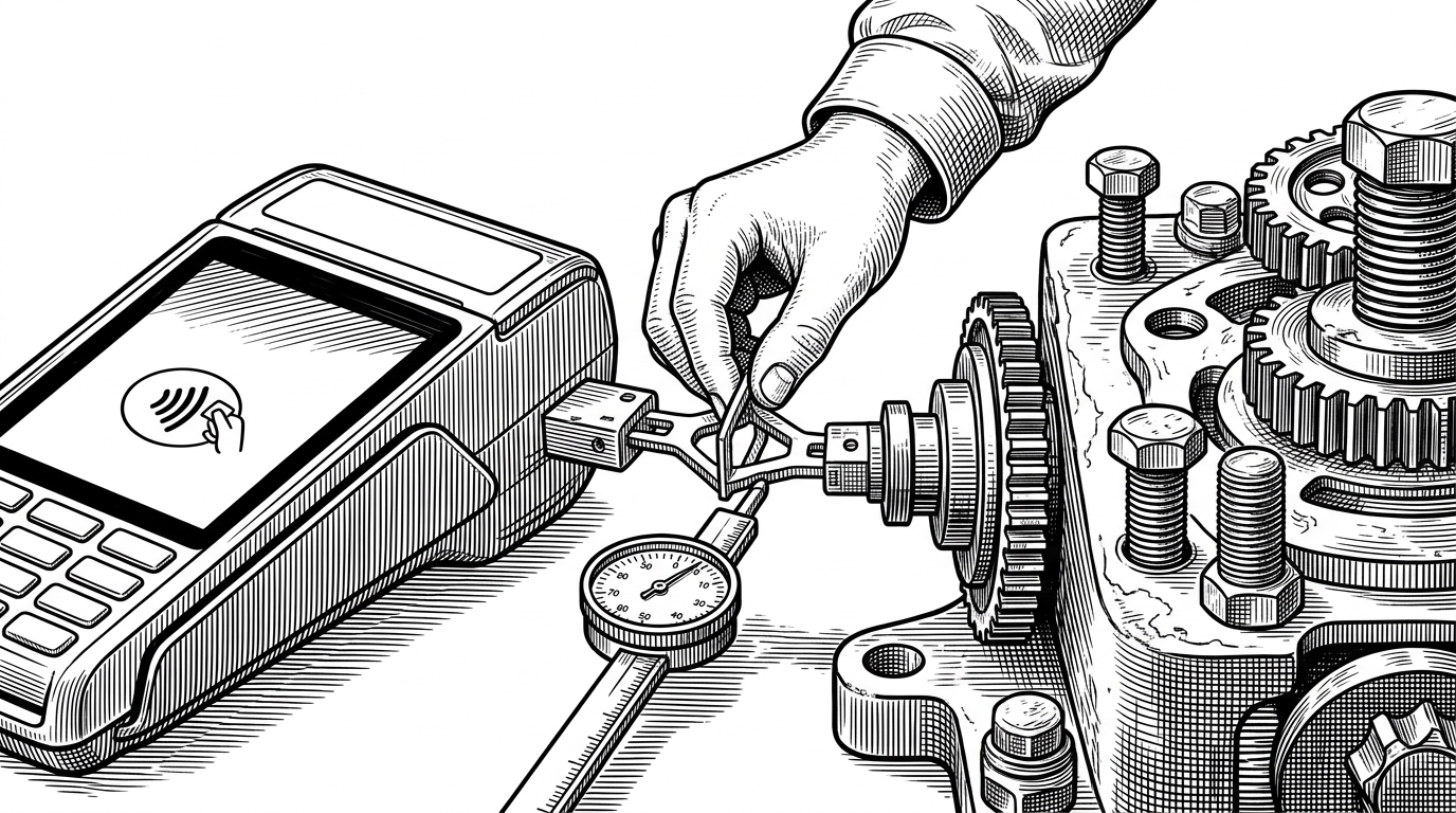 A close-up workbench shows a fragile adapter being fitted between mismatched mechanical parts. One side is a modern payment device, the other is an older WordPress machine with mismatched bolts, while a small inspection gauge checks compatibility before the connection is allowed. It explains why PMPro spends so much effort on defensive integration.