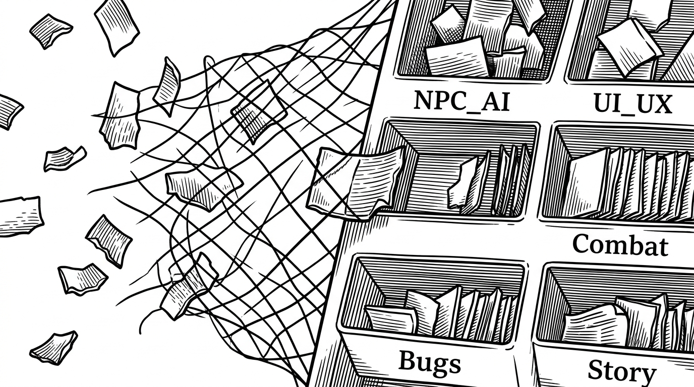 A close-up split composition where drifting review fragments are pulled into a loose clustering net on one side, while the same fragments are snapped into labeled feature bins on the other. One fragment sits between both systems, showing the tension between discovery and reporting.
