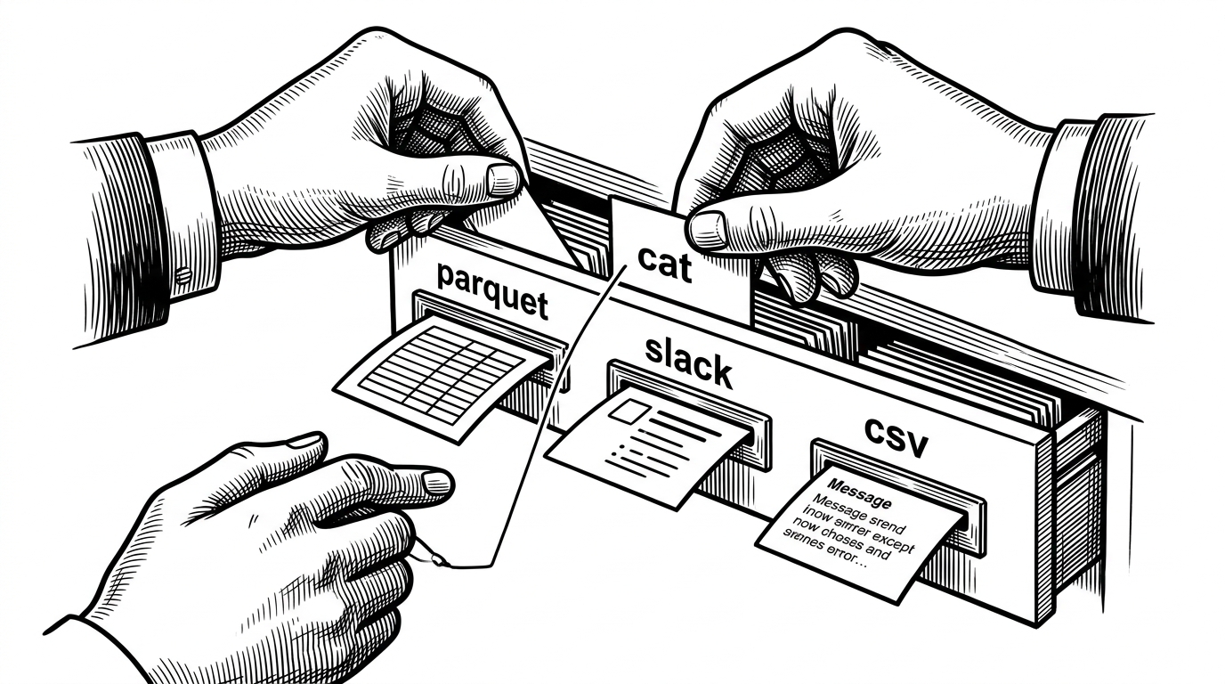 A close-up hand places a small command card labeled cat into different slots marked parquet, slack, and csv. Each slot outputs a different card: rows, a short summary, or a message excerpt, illustrating command overrides at the resource level.