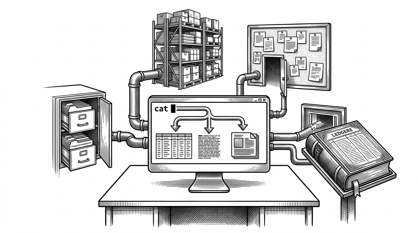 A terminal sits at the center of a desk, connected by pipes to a local folder, a cloud bucket, a message board, and a database ledger. The same command branches into different kinds of output depending on which resource it reaches, showing how Mirage changes command meaning by context.