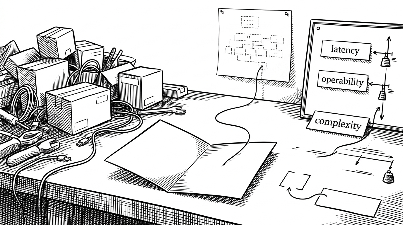 A close-up workbench scene shows a split decision card. On one side are branded boxes and tangled cables representing library-first thinking. On the other side is a clean tradeoff board with labeled factors like latency, operability, and complexity. A thin ink line connects the choice to a finished ASCII map in the background, showing how one decision becomes a full architecture artifact.