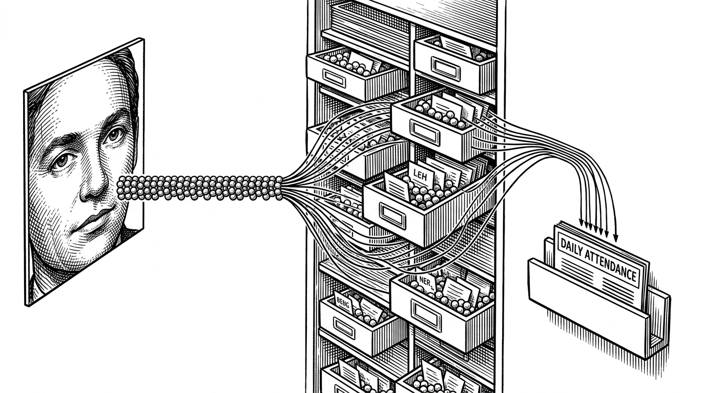 A close-up editorial illustration shows a face image being compressed into a string of 128 small nodes, then compared against a shelf of stored embeddings. One matching path lights up and drops into a daily attendance slot. The image explains how the system identifies a person without a dedicated vector database.