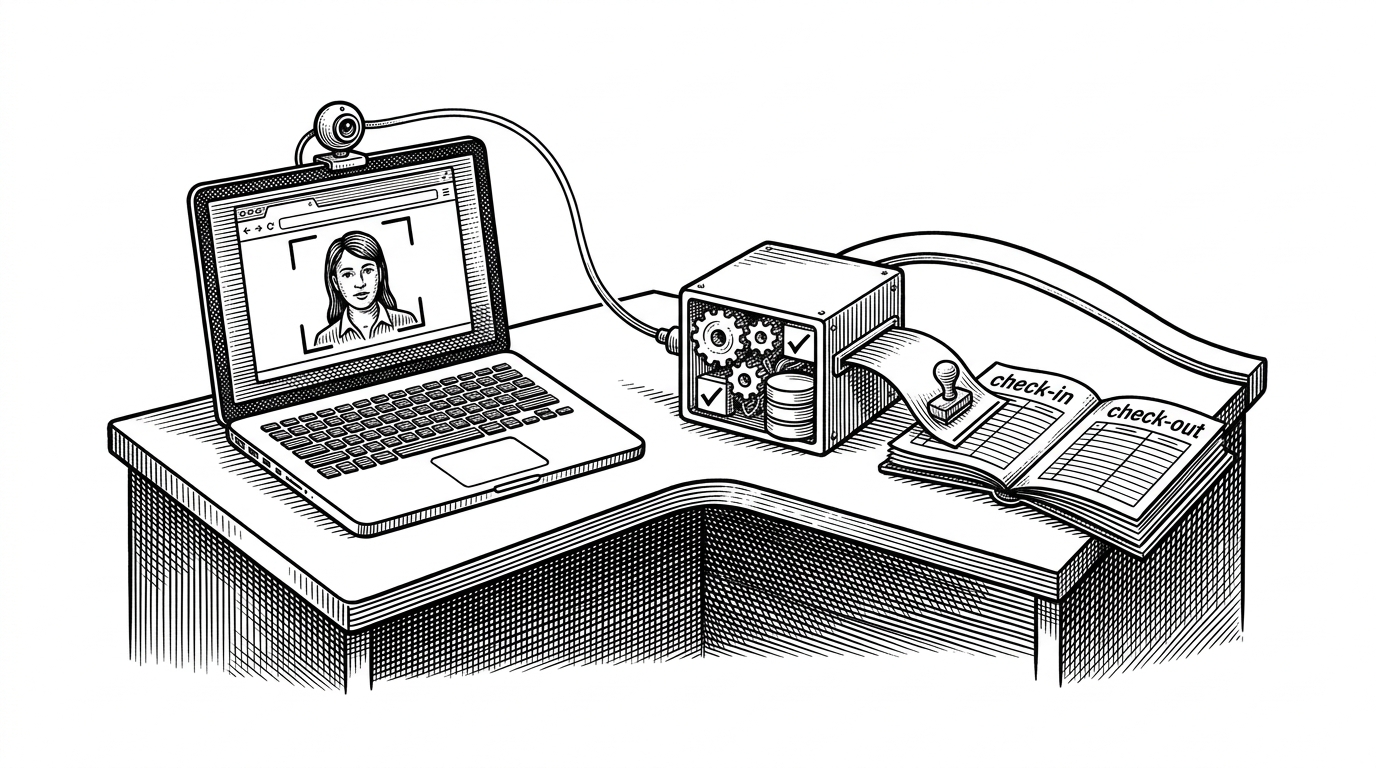 A wide editorial scene shows a webcam, a compact processing box, and a stamped attendance ledger arranged left to right on a clean white field. The image explains how a browser capture becomes a database-backed attendance event, with check-in and check-out as the two visible outcomes.