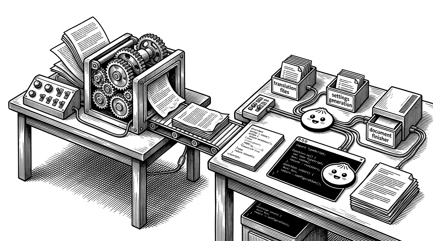 A split workbench shows a native control panel on one side and a modern scripting bench on the other. The image explains how SumatraPDF keeps runtime code lean while using TypeScript and Bun to automate the boring parts around it.
