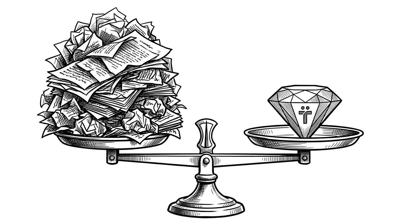 A vintage apothecary scale weighing a massive pile of crumpled paper against a single glowing geometric gem, representing the cost of context bloat versus precise memory retrieval.