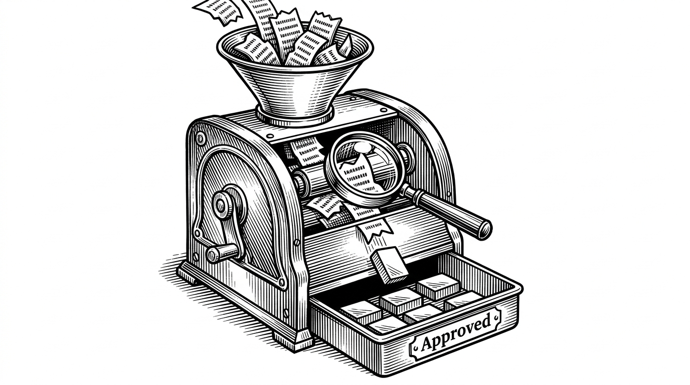 A brass mechanical sorting machine inspecting jagged pieces of text with a magnifying glass mechanism, dropping only perfectly smooth stamped blocks into an approved tray.