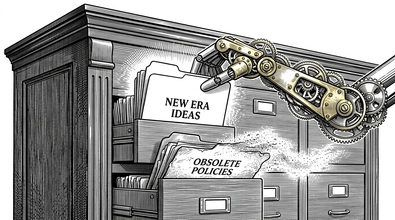 A massive classical filing cabinet where a mechanical arm inserts a new file folder while an older folder dissolves into dust. This illustrates Supermemory's ability to actively manage state and forget deprecated information.